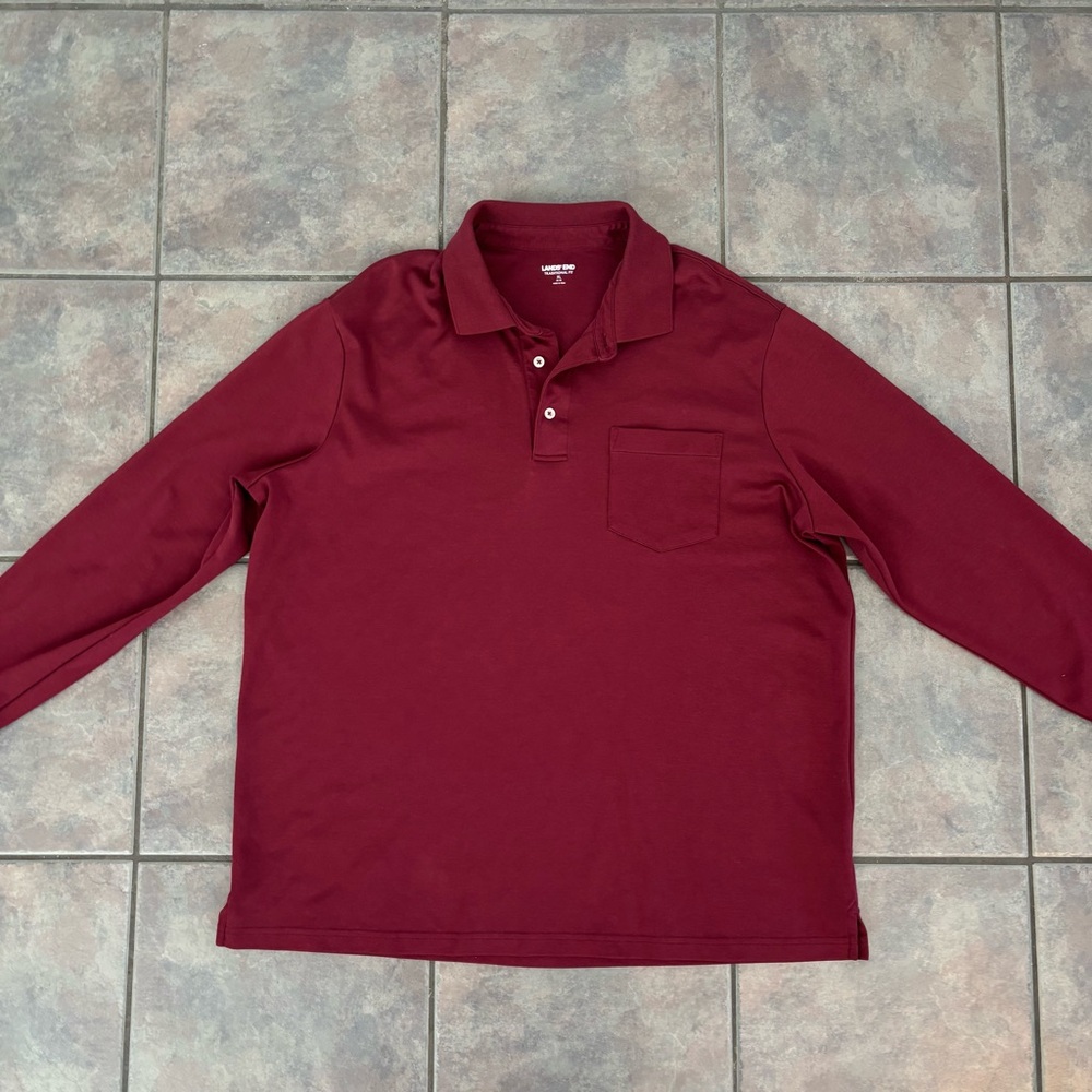 Lands' End Men's Long Sleeve Burgundy Polo Shirt‎